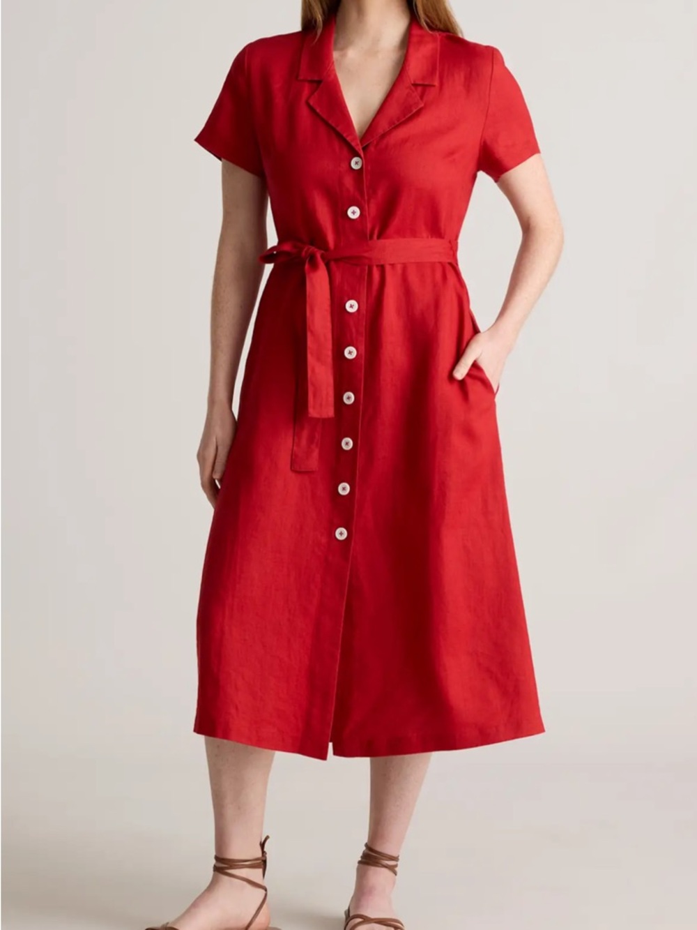 Quince Red 100% European Linen Button Front Dress, size Large